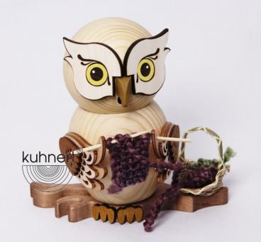 Drechslerei Kuhnert Räuchermann Rauchfigur Eule mit Strickzeug 