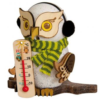 Drechslerei Kuhnert Räuchermann Räuchereule Schneeeule mit Thermometer Rarität 