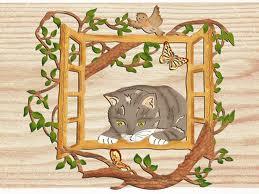 Holznischel Fensterbild Katze am Fenster, farbig 
